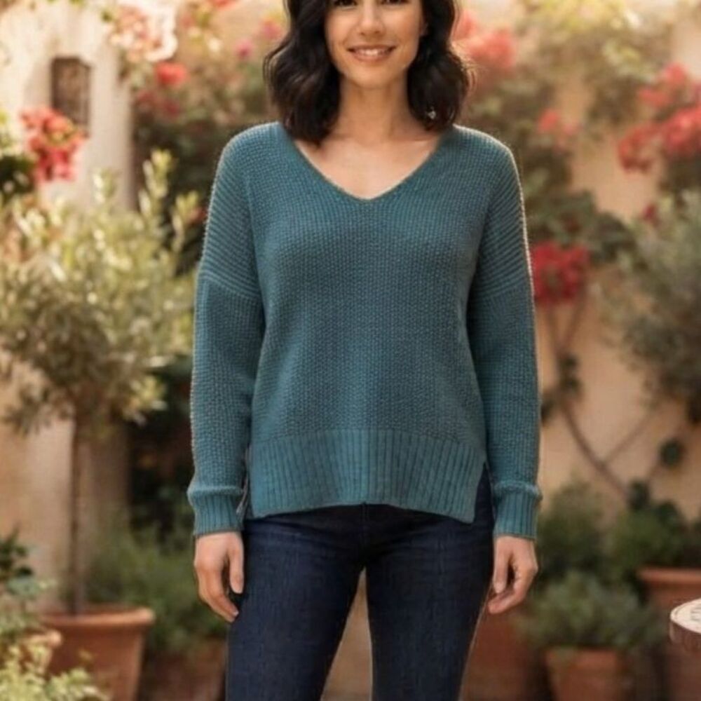 Lucky Brand Teal Green Oversized V-Neck Knit Sweater Small Chunky Cozy Boho Fall